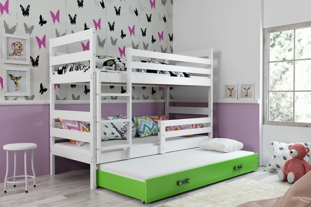 eoshop Detská poschodová posteľ Eryk - 3 osoby, 90x200 s výsuvnou prístelkou - Biela, Zelená