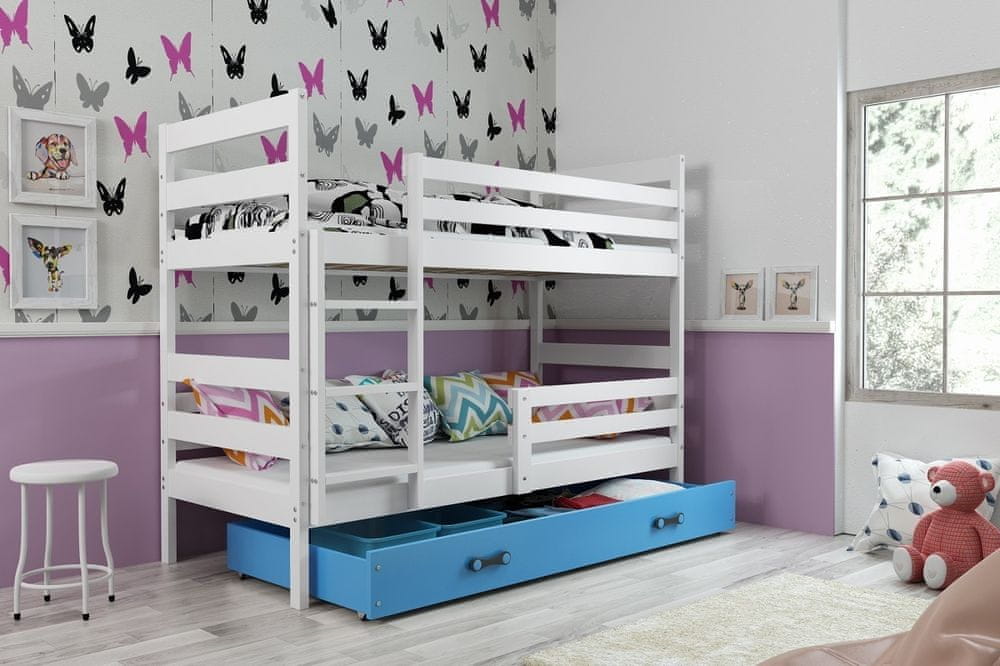 eoshop Detská poschodová posteľ Eryk - 2 osoby, 80x160 s úložným priestorom - Biela, Modrá