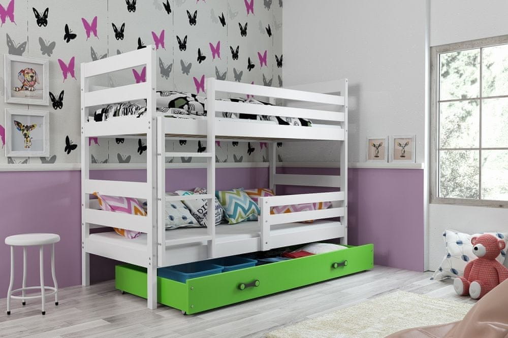 eoshop Detská poschodová posteľ Eryk - 2 osoby, 90x200 s úložným priestorom - Biela, Zelená