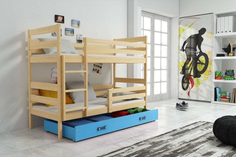 eoshop Detská poschodová posteľ Eryk - 2 osoby, 80x190 s úložným priestorom - Borovica, Modrá
