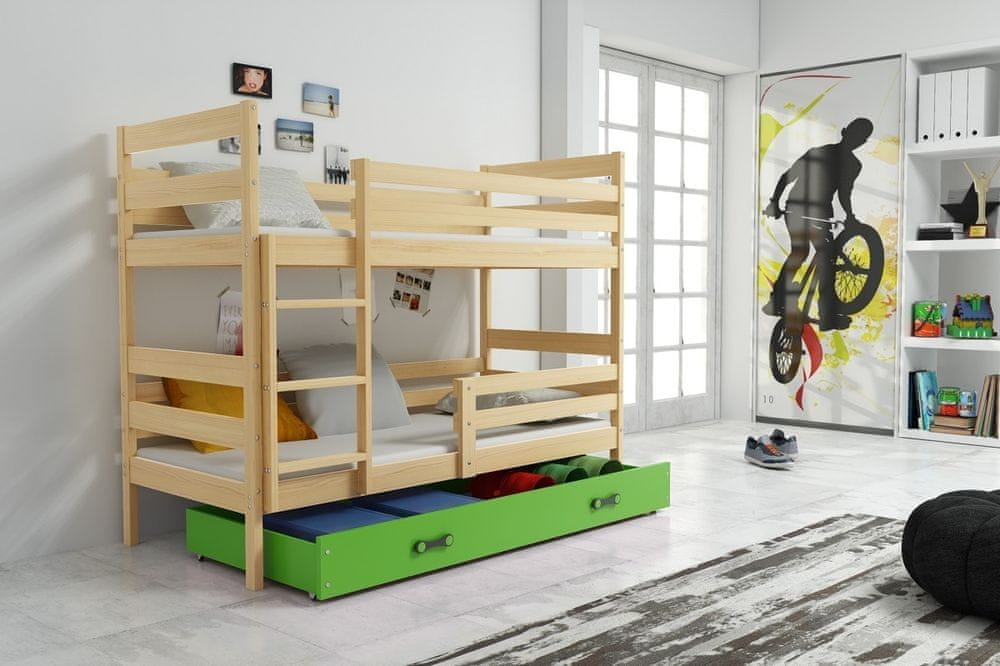 eoshop Detská poschodová posteľ Eryk - 2 osoby, 80x190 s úložným priestorom - Borovica, Zelená