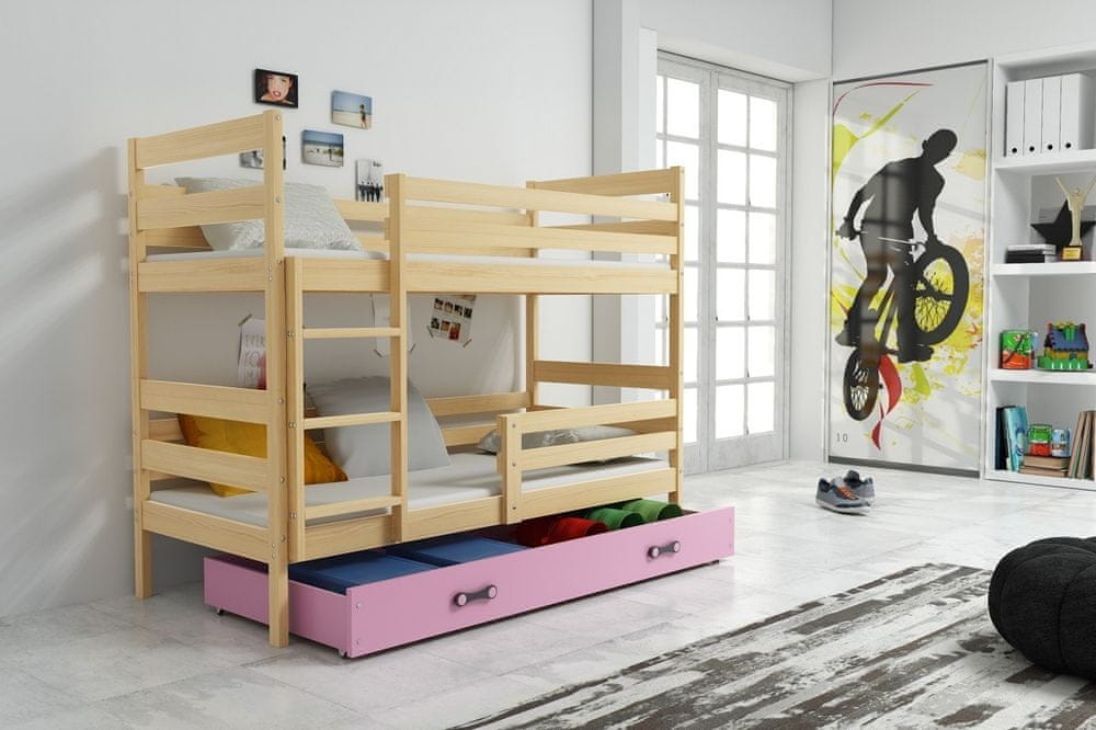 eoshop Detská poschodová posteľ Eryk - 2 osoby, 90x200 s úložným priestorom - Borovica, Ružová