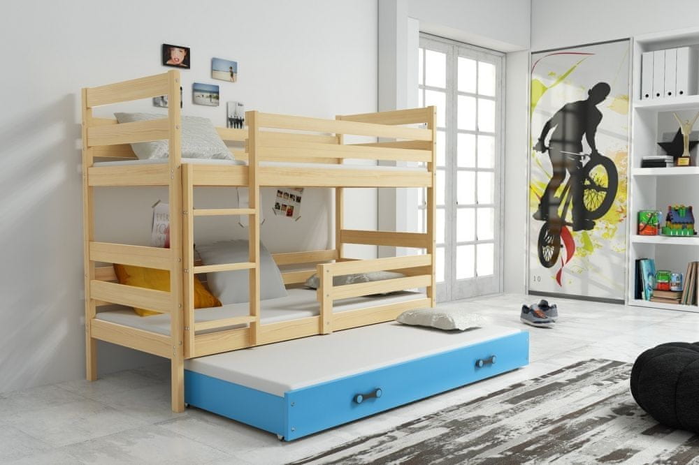 eoshop Detská poschodová posteľ Eryk - 3 osoby, 80x160 s výsuvnou prístelkou - Borovica, Modrá
