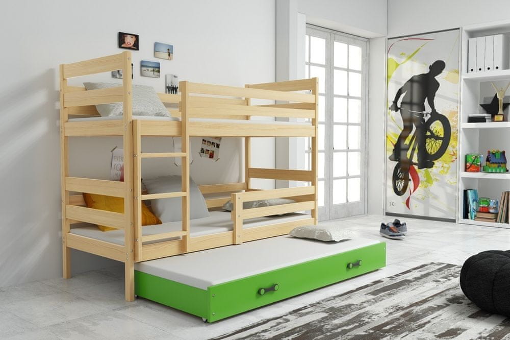 eoshop Poschodová posteľ s prístelkou Norbert borovica/zelená