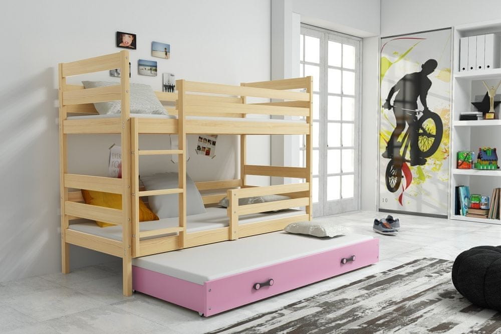eoshop Detská poschodová posteľ Eryk - 3 osoby, 80x160 s výsuvnou prístelkou - Borovica, Ružová