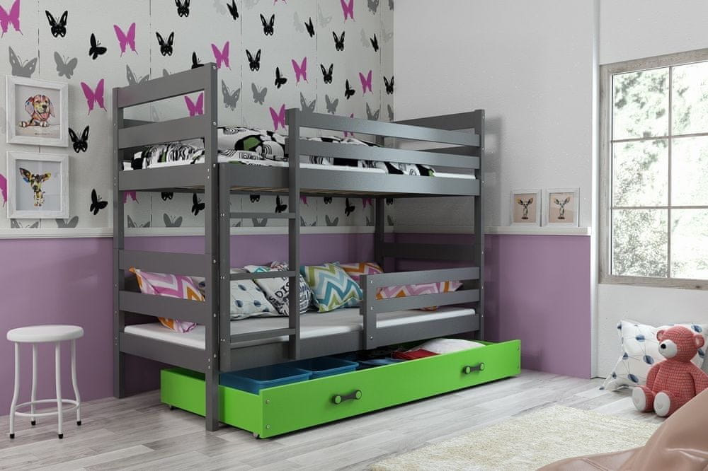 eoshop Detská poschodová posteľ Eryk - 2 osoby, 80x160 s úložným priestorom - Grafitová, Zelená