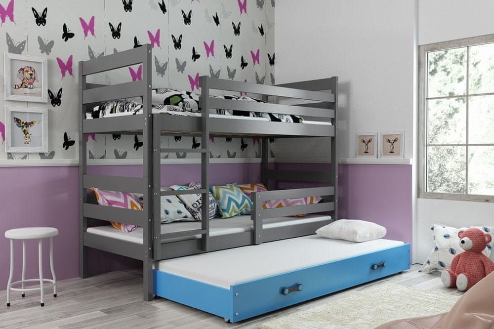 eoshop Detská poschodová posteľ Eryk - 3 osoby, 80x160 s výsuvnou prístelkou - Grafitová, Modrá