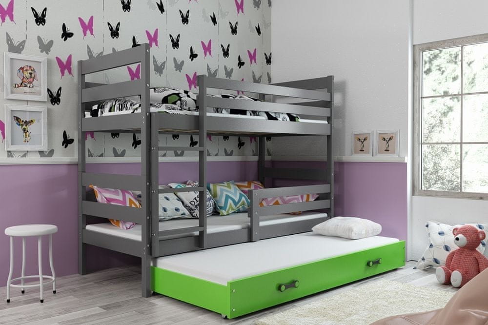 eoshop Detská poschodová posteľ Eryk - 3 osoby, 80x190 s výsuvnou prístelkou - Grafitová, Zelená