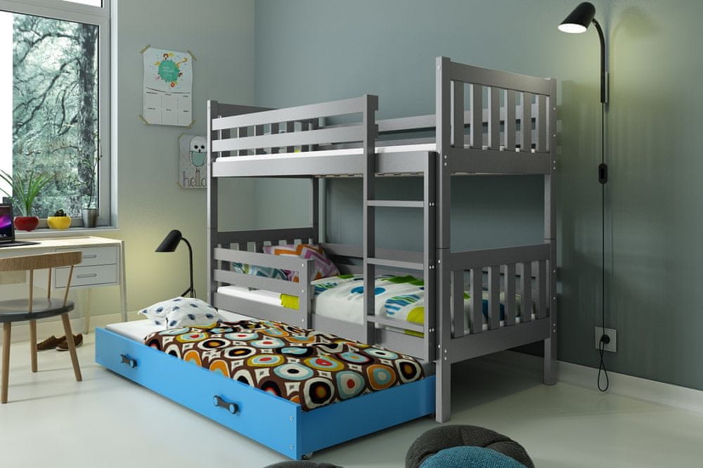 eoshop Detská poschodová posteľ Carino - 3 sosoby 80x190 s výsuvnou prístelkou - Grafitová, Modrá