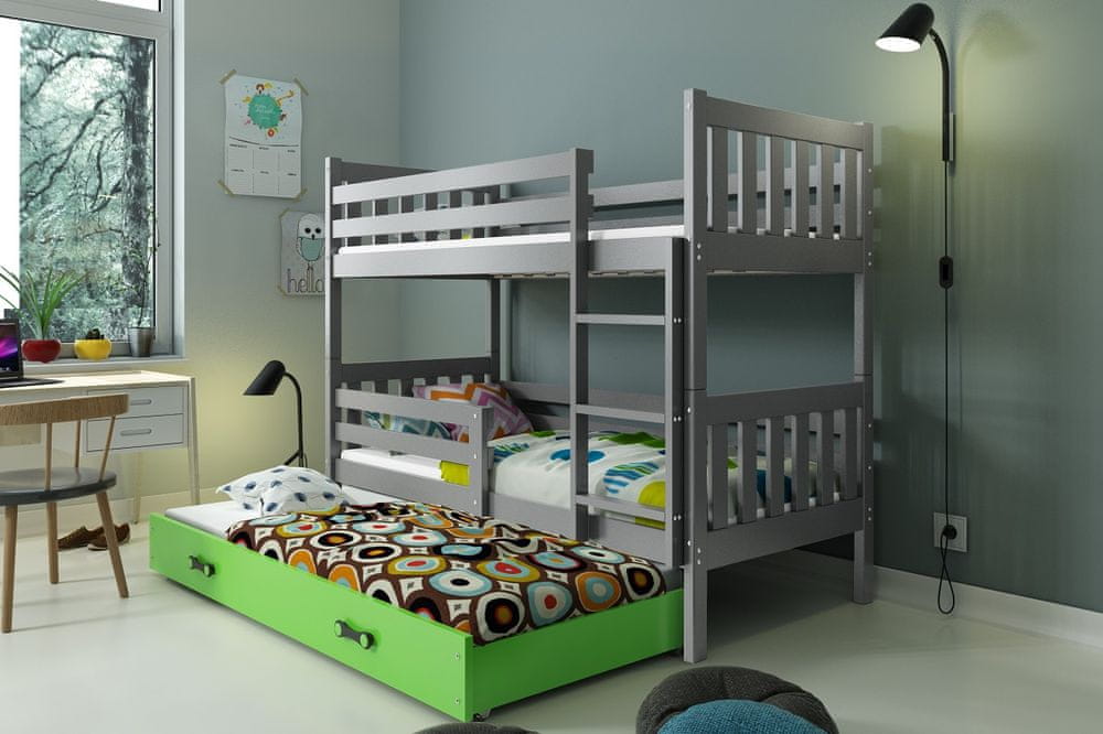 eoshop Detská poschodová posteľ Carino - 3 sosoby 80x190 s výsuvnou prístelkou - Grafitová, Zelená