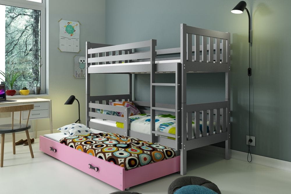 eoshop Detská poschodová posteľ Carino - 3 sosoby 80x190 s výsuvnou prístelkou - Grafitová, Ružová