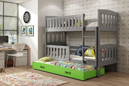 eoshop Detská poschodová posteľ Kubus - 3 osoby, 80x190 s výsuvnou prístelkou - Grafitová, Zelená