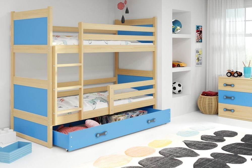eoshop Detská poschodová posteľ Rico - 2 osoby, 80x160 s úložným priestorom - Borovica, Modrá