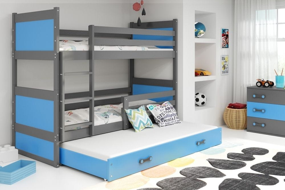 eoshop Detská poschodová posteľ Rico - 3 osoby, 80x190 s výsuvnou prístelkou - Grafitová, Modrá