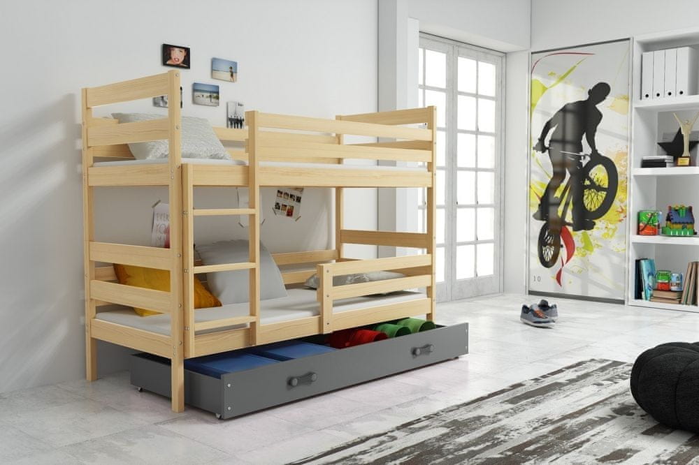 eoshop Detská poschodová posteľ Eryk - 2 osoby, 80x190 s úložným priestorom - Borovica, Grafit