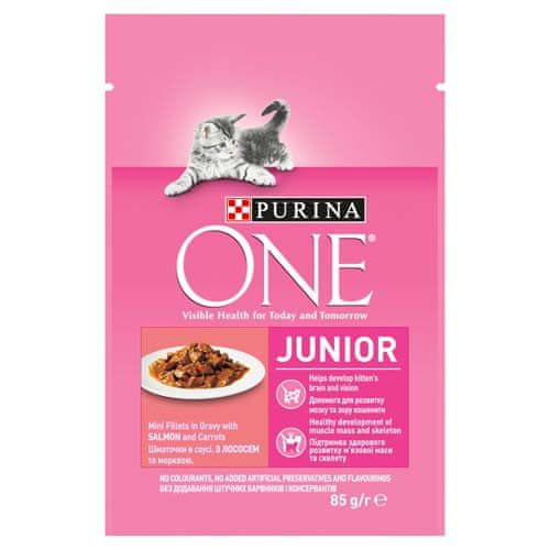 Purina ONE Junior mini filetky s lososom a mrkvou v šťave 85g