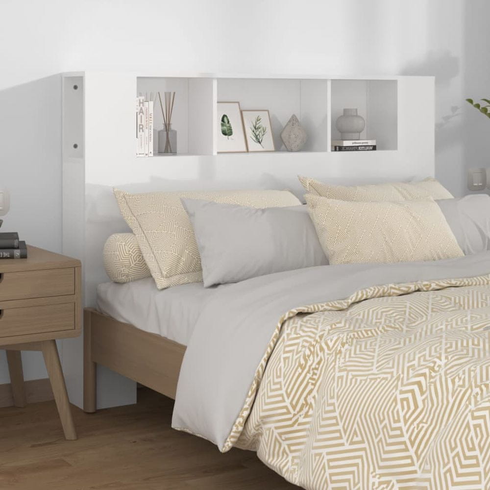 Vidaxl Čelo postele s policami, lesklá biela, 140x18,5x104,5 cm