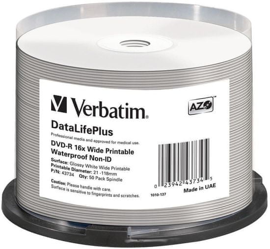 VERBATIM DVD-R 16x 4,7GB Spindle, Wide Glossy Waterproof Print 50ks