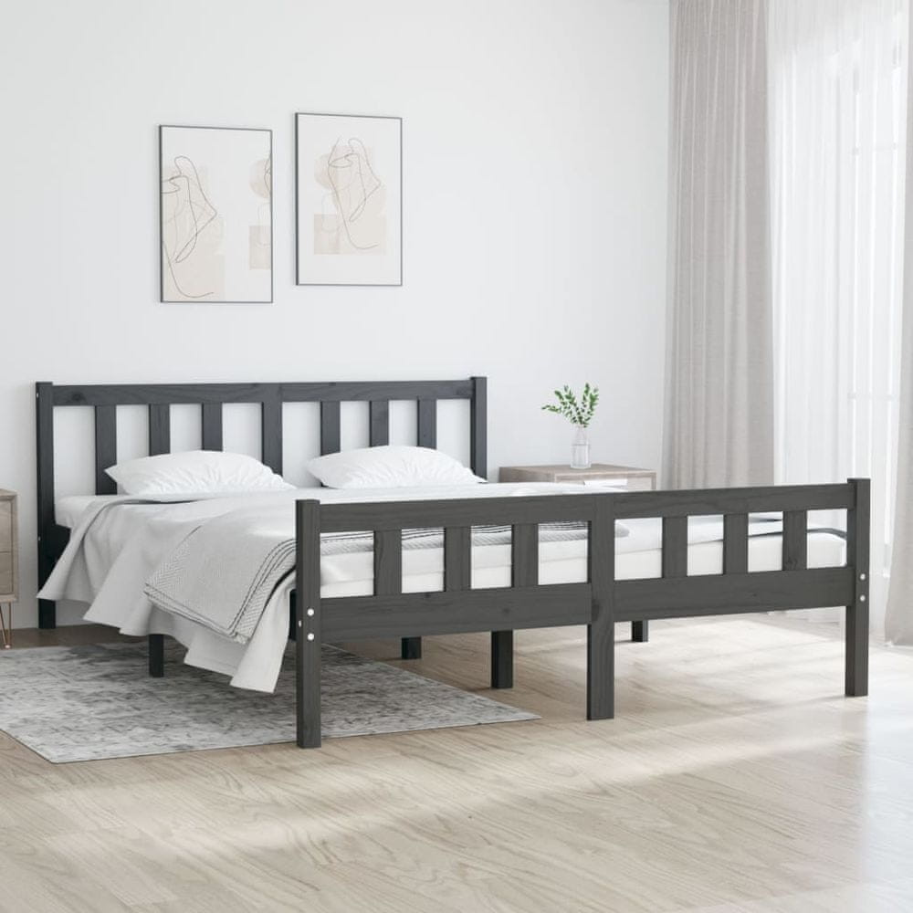 Vidaxl Rám postele, sivý, masívne drevo, 135x190 cm, dvojlôžková posteľ