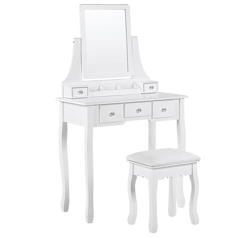 Beliani Toaletný stolík s 5 zásuvkami obdĺžnikové zrkadlo a biela stolička RAYON