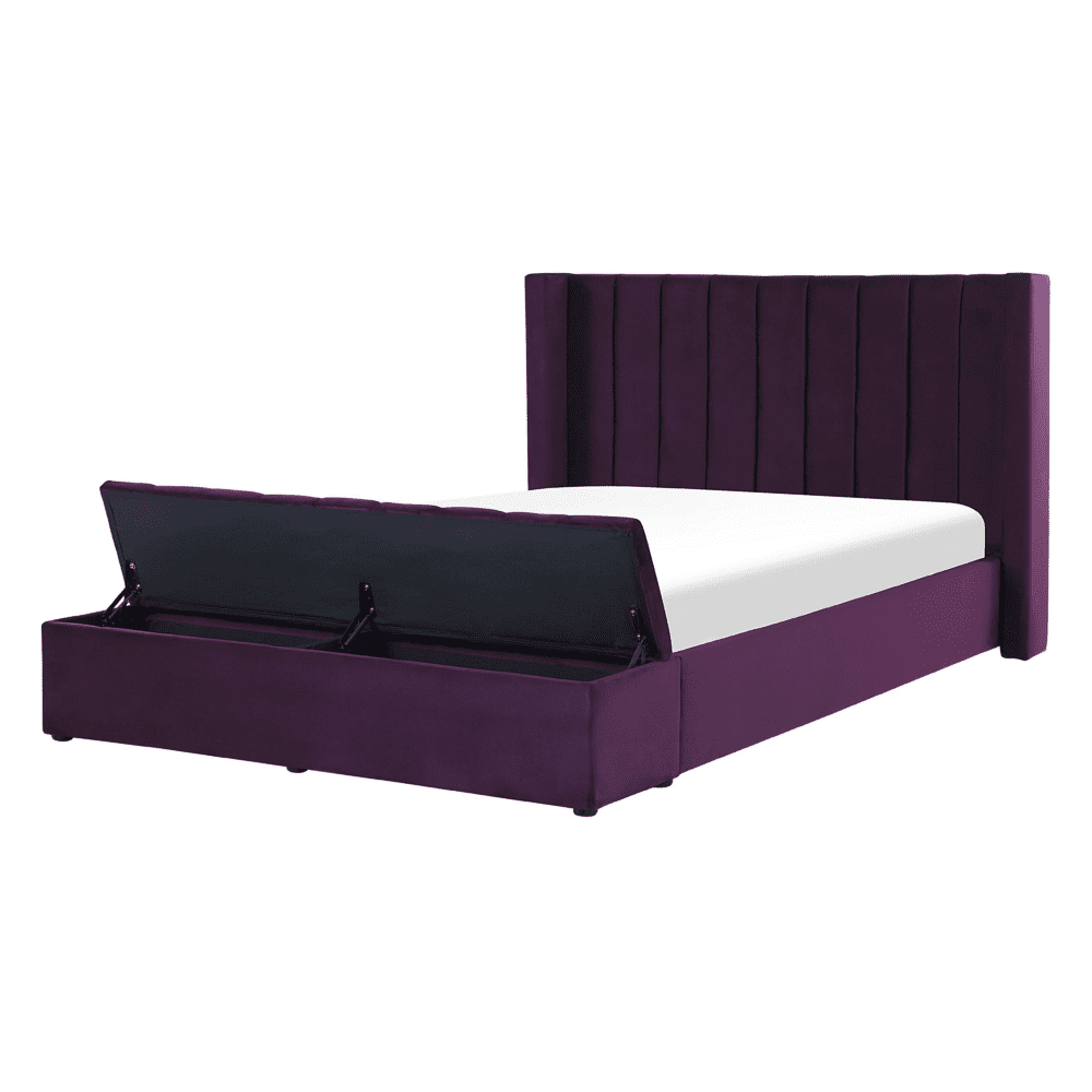 Beliani Zamatová posteľ s lavičkou 140 x 200 cm fialová NOYERS