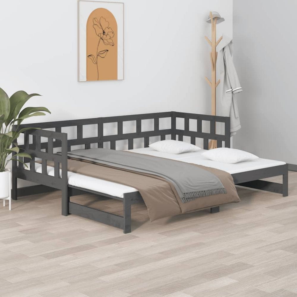 Vidaxl Výsuvná posteľ, sivá, masívne borovicové drevo, 2x(80x200) cm