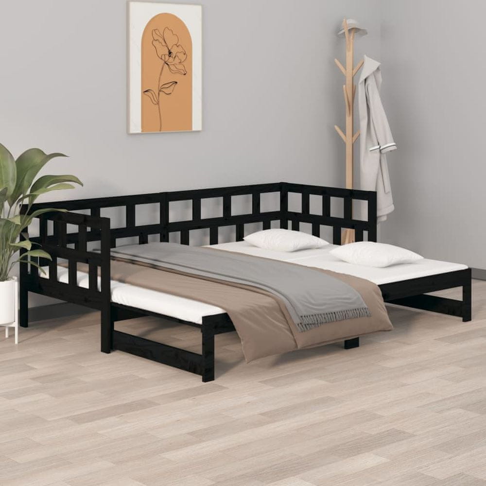 Vidaxl Rozkladacia denná posteľ čierna borovicový masív 2x(90x190) cm