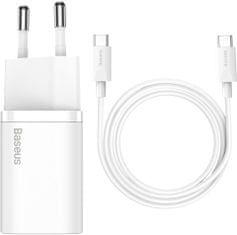 BASEUS síťová nabíječka Super Si Quick 1C, USB-C, 25W, biela + kábel USB-C - USB-C, 3A, 1M, biela
