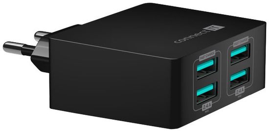 Connect IT Fast Charge nabíjecí adaptér 4×USB-A, 4,8A, čierna