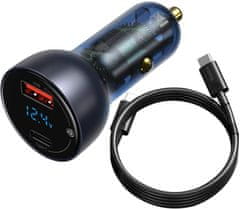 BASEUS nabíječka do auta, USB-C, USB-A, digitální display, 65W + USB-C - USB-C kábel, 100W, 1m, šedá