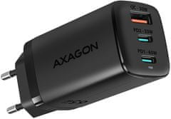 AXAGON síťová nabíječka GaN, USB-A, 2x USB-C, PD3.0/QC4+/PPS/Apple, 65W, čierna