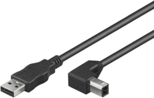 PremiumCord kábel USB 2.0, A-B, 3m sa zahnutým USB-B konektorem 90°