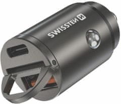 SWISSTEN nabíječka do auta, USB-C PD, USB-A SuperCharge, 30W, strieborná