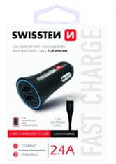 SWISSTEN autonabíječka 2,4A Power s 2x USB + kábel lightning