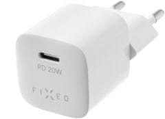 FIXED síťová nabíječka Mini s USB-C, PD, 20W, biela + USB-C - USB-C kábel, 1m
