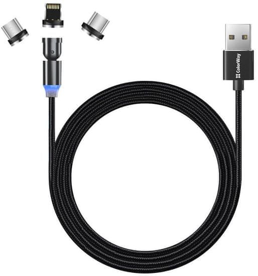 ColorWay datový kábel 3v1 Lightning+MicroUSB+USB-C, magnetický, rotace 540°, 2.4A, 1m