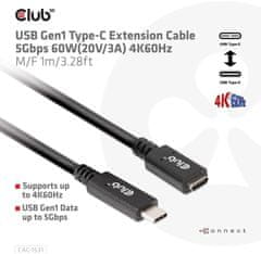 Club 3D prodlužovací kábel USB-C, 5Gbps, 60W(20V/3A), 4K@60Hz (M/F), 1m