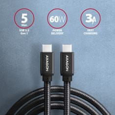 AXAGON kábel USB-C - USB-C SPEED USB3.2 Gen 1, PD60W 3A, opletený, 2m, čierna