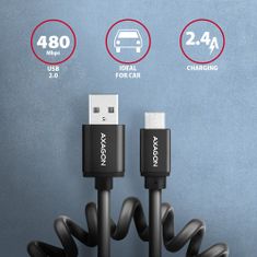 AXAGON kábel USB-A - microUSB TWISTER USB2.0, 2.4A, kroucený, 0.6m, čierna