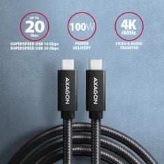 AXAGON kábel USB-C - USB-C SPEED+ USB3.2 Gen 2, PD100W 5A, 4K UHD, opletený, 2m, čierna