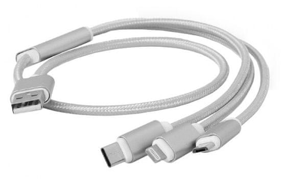 Gembird CABLEXPERT kábel USB A Male/Micro B + Type-C + Lightning, 1m, opletený, strieborná