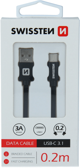 SWISSTEN datový kábel USB - USB-C, M/M, 3A, opletený, 0.2m, čierna