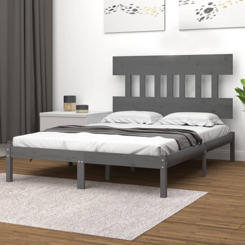 Vidaxl Rám postele, sivý, masívne drevo, 150x200 cm, veľkosť King Size
