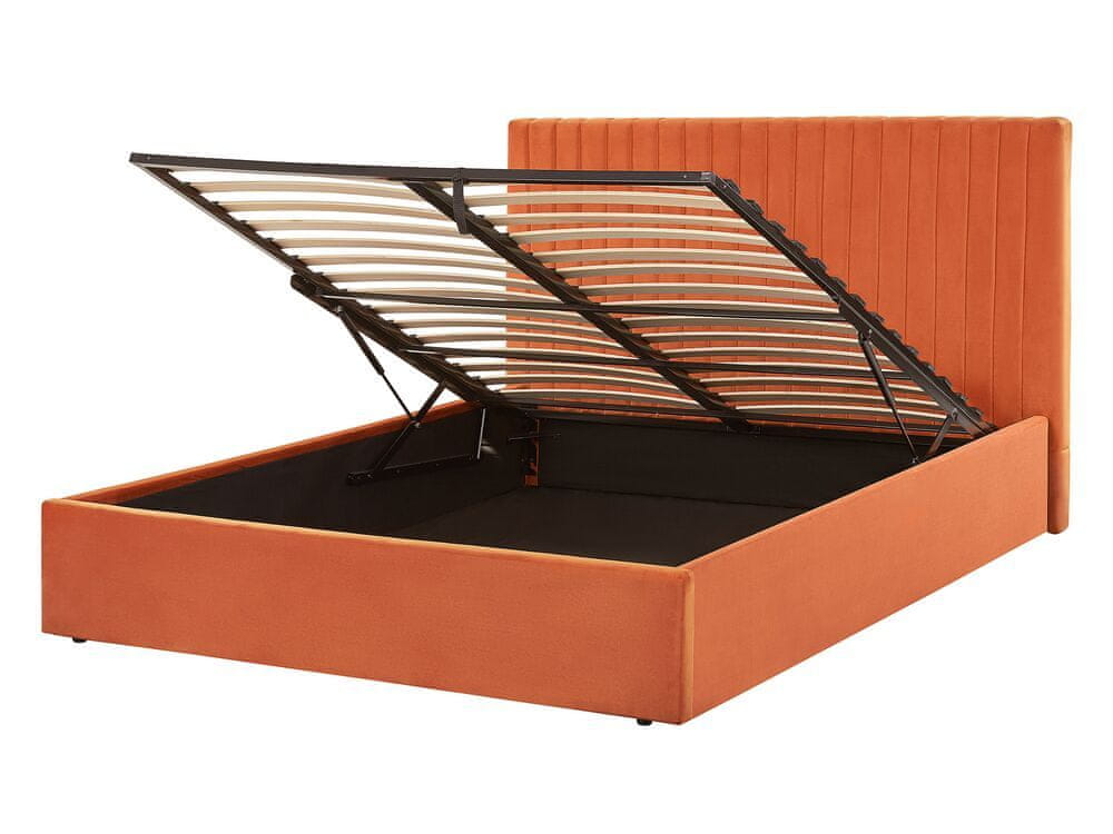 Beliani Zamatová posteľ s úložným priestorom 140 x 200 cm oranžová VION