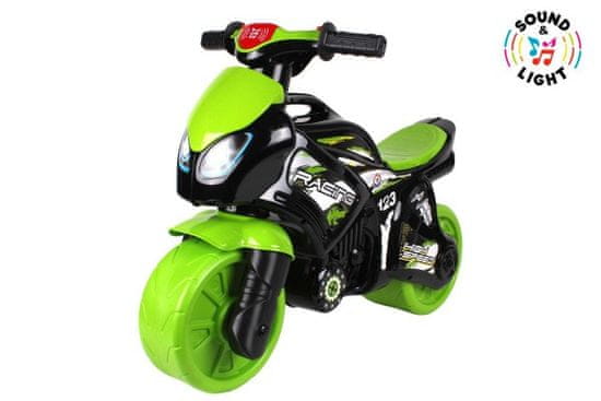 Teddies Odrážadlo motorka zeleno-čierna plast na batérie so svetlom so zvukom v sáčku