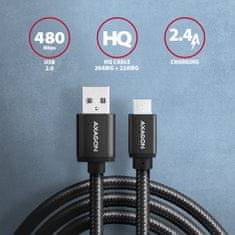 BUMM-AM15AB, HQ kábel Micro USB <-> USB-A, 1.5m, USB 2.0, 2.4A, ALU, oplet, čierny