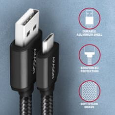 BUMM-AM15AB, HQ kábel Micro USB <-> USB-A, 1.5m, USB 2.0, 2.4A, ALU, oplet, čierny