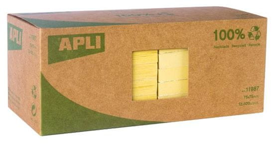 Apli Samolepiaci bloček "CLASSIC RECYCLED", žltá, 75 x 75 mm, 12x 100 listov, recyklovaný, 11987
