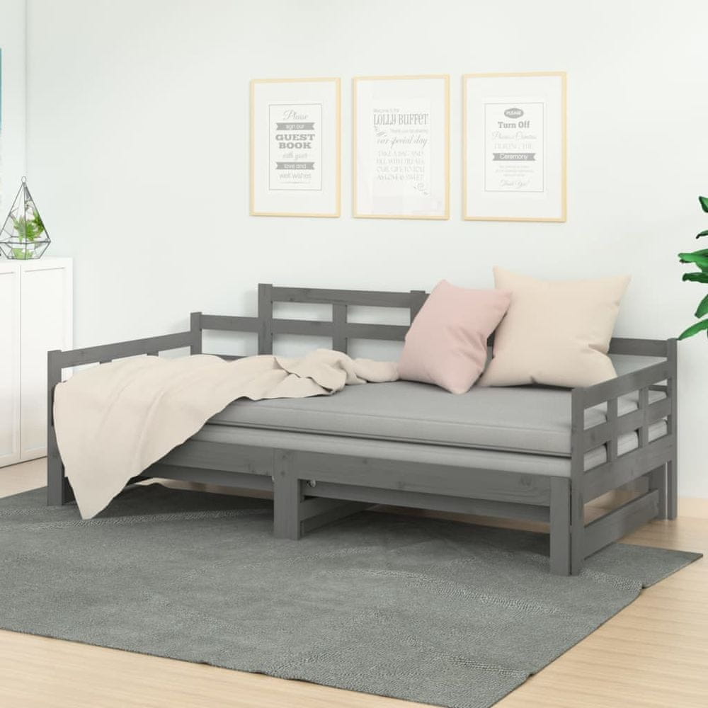 Vidaxl Výsuvná posteľ, sivá, masívne borovicové drevo, 2x(90x190) cm