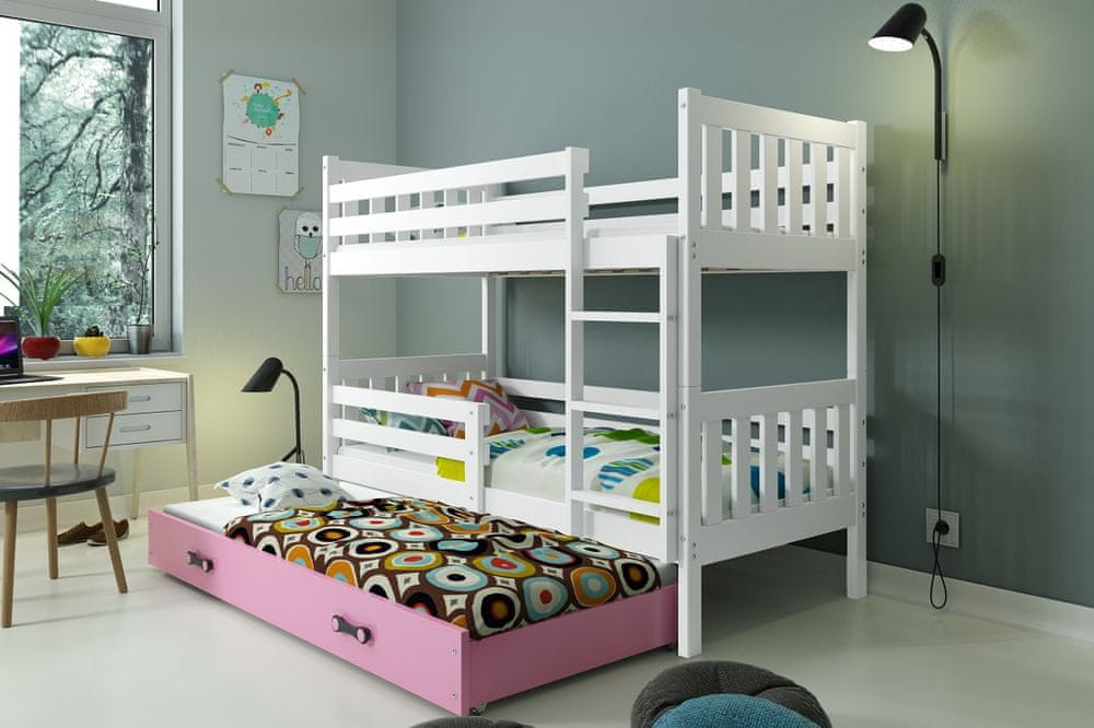 eoshop Detská poschodová posteľ Carino - 3 sosoby 80x190 s výsuvnou prístelkou - Biela, Ružová
